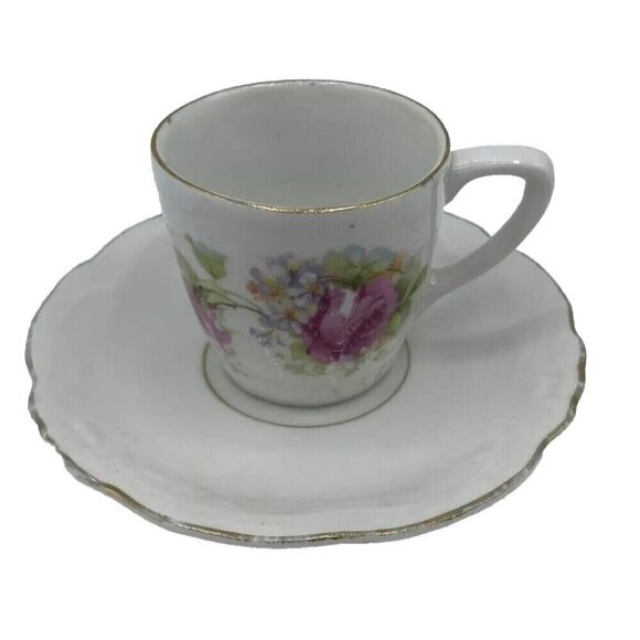 Vtg Demitasse Tea Cup Saucer Germany Crown Mark Floral Gold Tone Trim Regency - Picture 1 of 15